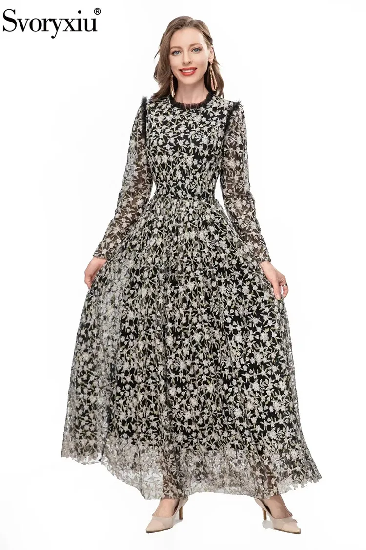 

Женское винтажное платье до щиколотки Svoryxiu, разноцветное облегающее платье с длинными рукавами, цветочной вышивкой и высокой талией на весну и лето 2019