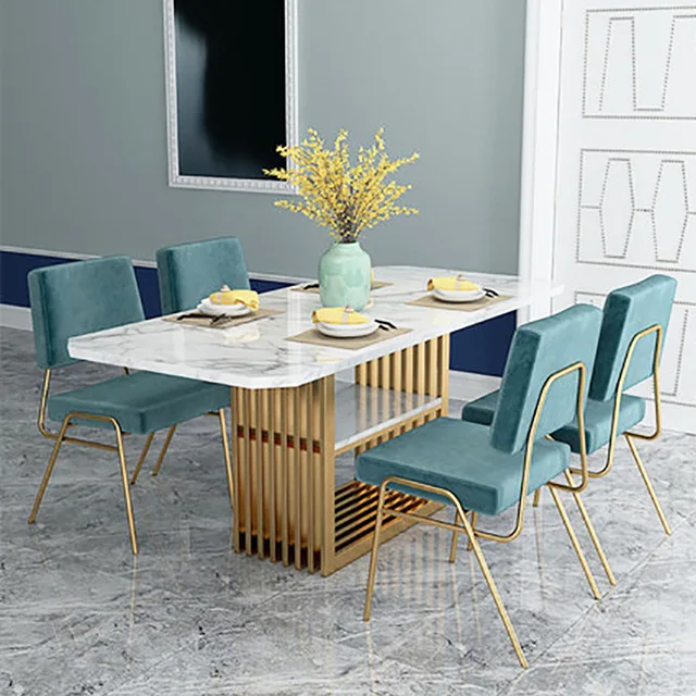 

Rock slab dining table simple rectangular light luxury stainless steel dining table and chairs high-end villa furniture