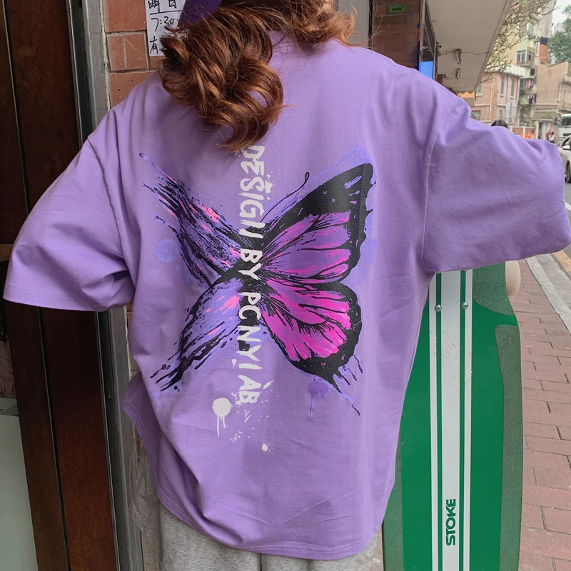 

DAYIFUN Purple Butterfly Print T-shirt Women Loose Ins Bf Harajuku Tshirt 2020 Summer Fashion Casual T Shirt Streetwear L0613