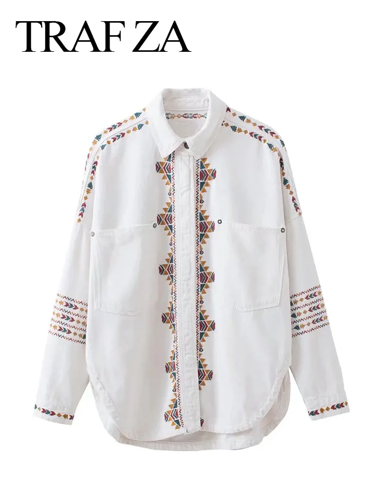 

TRAF ZA Ladies Pocket Embroidered Shirt Geometric Pattern Long Sleeve White Shirt Single Breasted Lapel Top Casual Loose Street