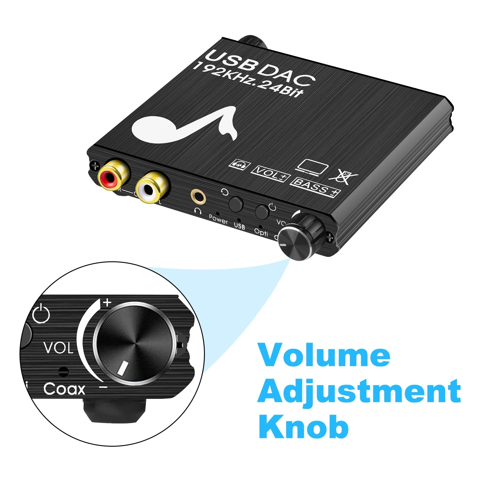 Фото USB DAC 192 кГц 24 бит Цифро-аналоговый преобразователь с регулировкой басов и громкости, коаксиальный и Toslink входы, аналоговые стереовыходы L/R RCA, разъем 3.5 мм №4