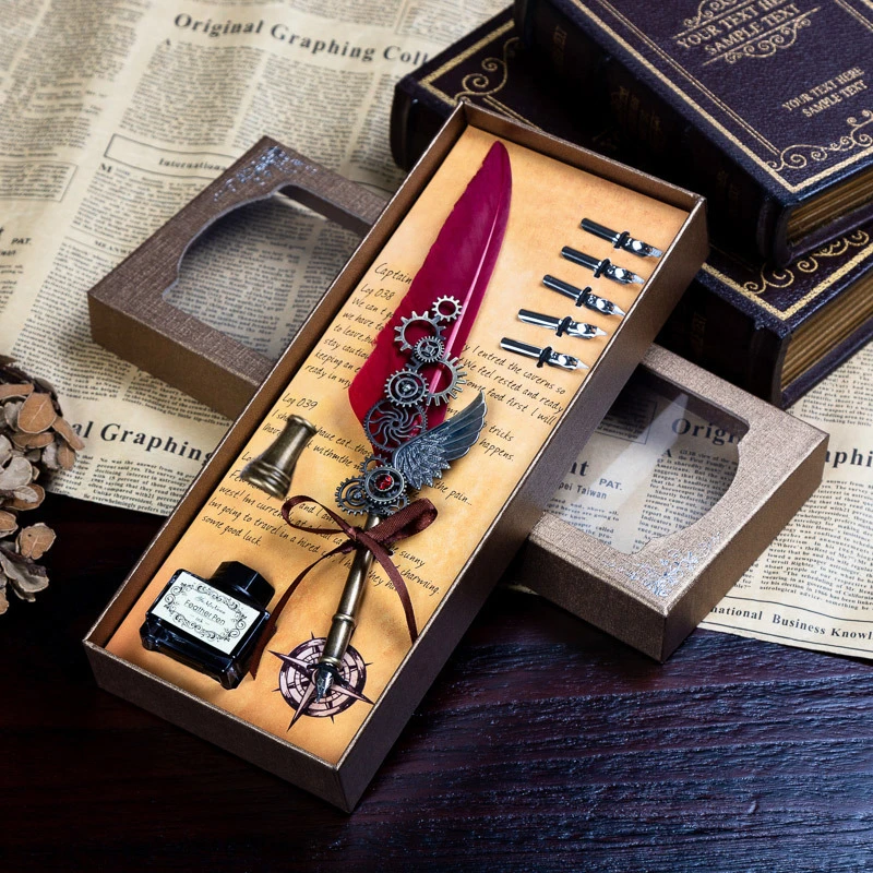 Kup English Calligrap Feather Pen Set Vintage Advertising Gift Ink Pen Dip Water Metal Fountain Pen Set Birthday Gift Box 5 Nibs Tanie English Calligrap Feather Pen Set Vintage Advertising Gift Ink Pen Dip Water Metal Fountain Pen Set Birthday Gift Box 5 Nibs
