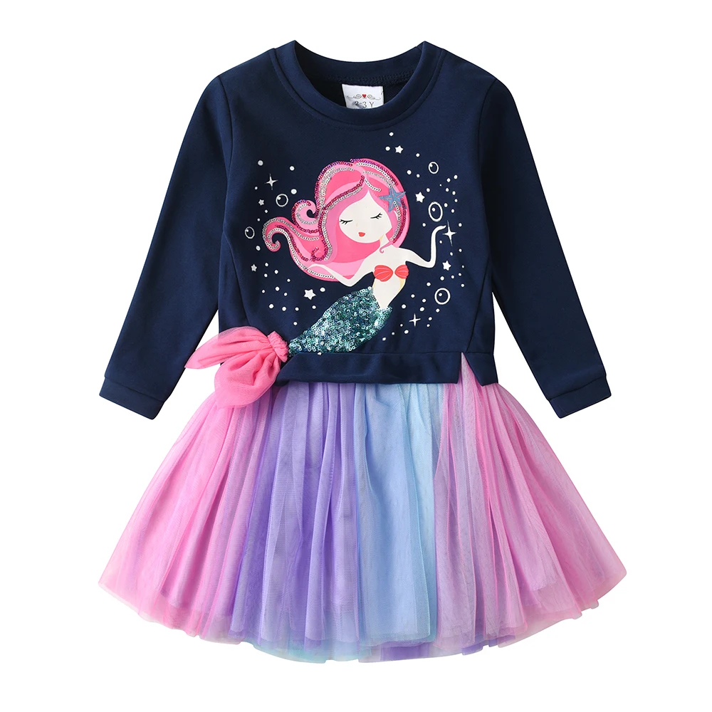 Фото VIKITA платье русалки с мультяшной аппликацией для девочек, детское осенне-весеннее лоскутное красочное платье принцессы с длинными рукавами, толстый свитер, праздничное платье №4