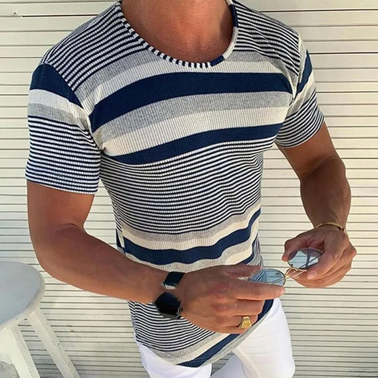 Men's Fit Short Sleeve Striped Knit Slim Fit Round Neck Wool T-shirt Top