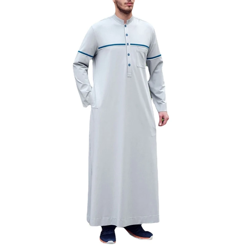 Muslim Robe Comfortable Caftan Men Long Sleeve Stand Collar Muslim Clothing Breathable Eid Middle East Jubba Thobe Gifts