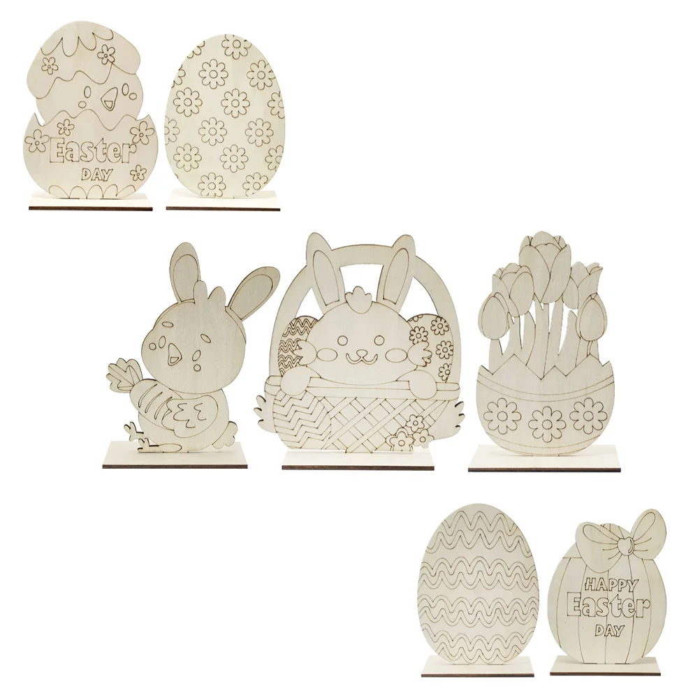 

7 Pcs Easter Wooden Egg Rabbit Adornment DIY Easter Wooden Ornament Desktop Decor