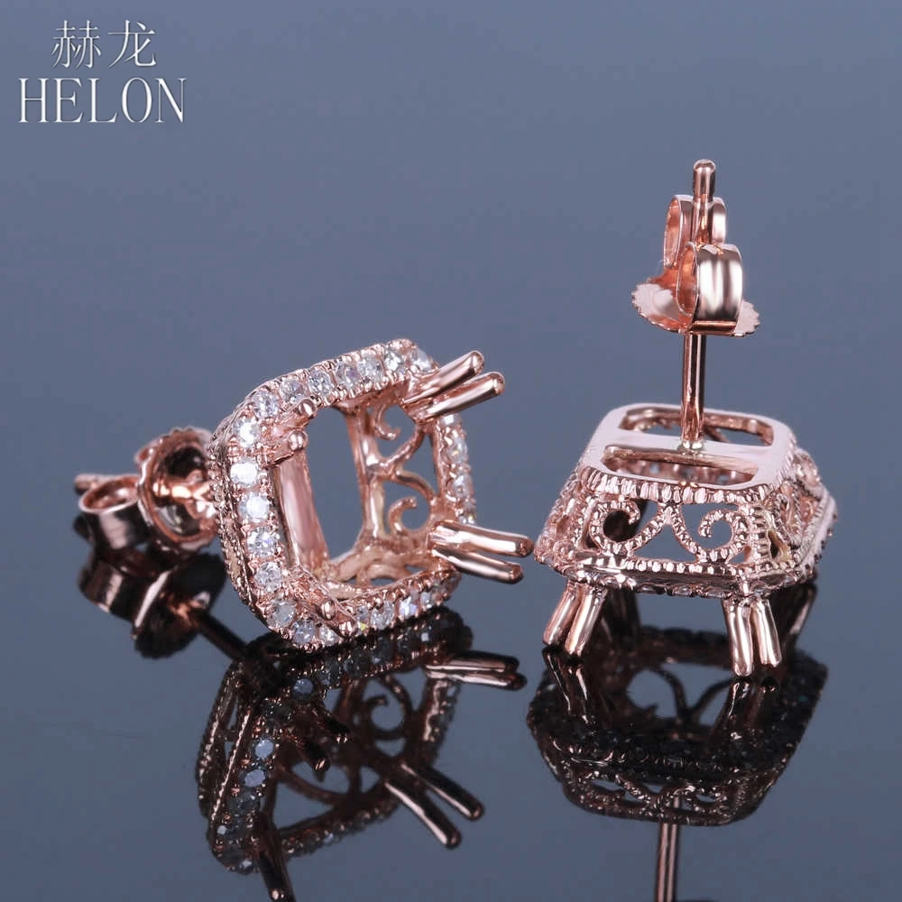 

HELON Women Diamonds Earrings Solid 14K Rose Gold Natural Diamonds Semi Mount Engagement Stud Earrings Fit Emerald Cut 8x6mm