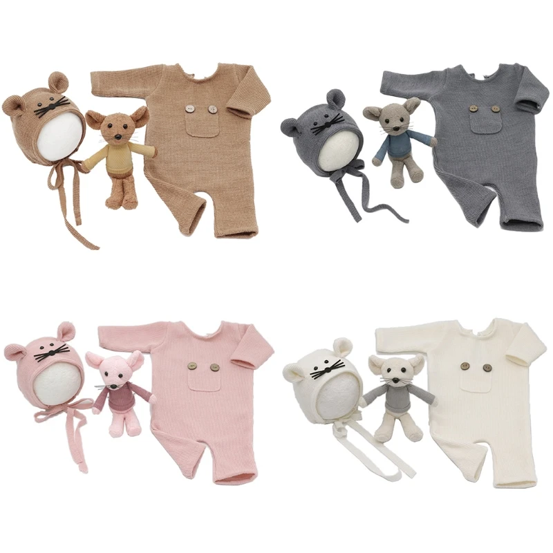 

New 3 Pcs/Set Baby Boy Girl Romper Hat Mouse Doll Knit Set Newborn Photography Props
