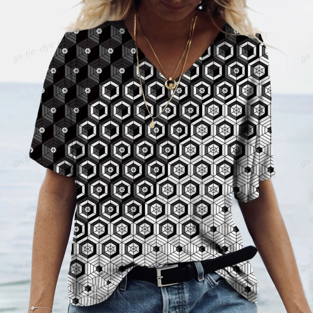 

Summer Women T-Shirts 3D Bohemian Print Gradient Harajuku T Shirt Oversized Tees for Ladies Clothing New Short Sleeve V-Neck Top