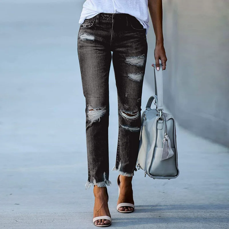 Raw Edge Ripped Slim Jeans Woman Summer Fashion Casual Straight Leg Nine Points Solid Color All-match Mid Waisted Slouchy Jeans