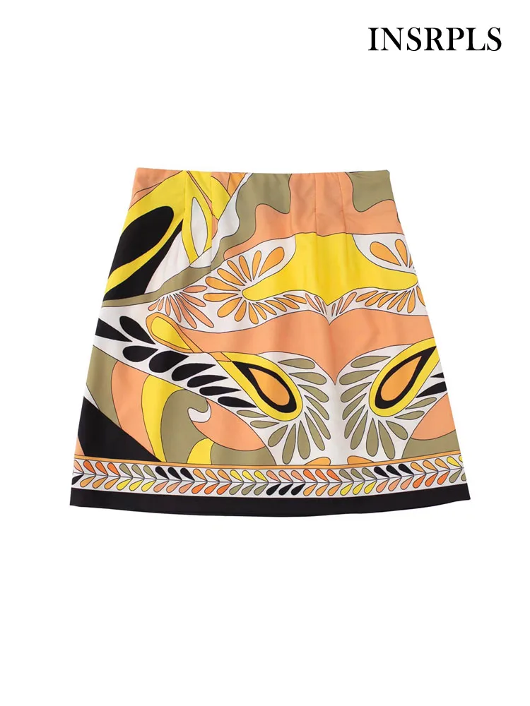 

INSRPLSWomen Fashion Printed A Line Mini Skirt Vintage High Waist Side Zipper Female Skirts Mujer