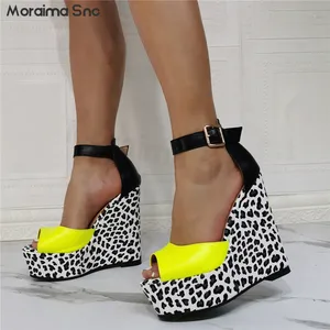Women's Black and White Leopard Print Wedge Sandals Fashion Color Match King Size Banquet Sexy High Heel Fish Mouth Sandals