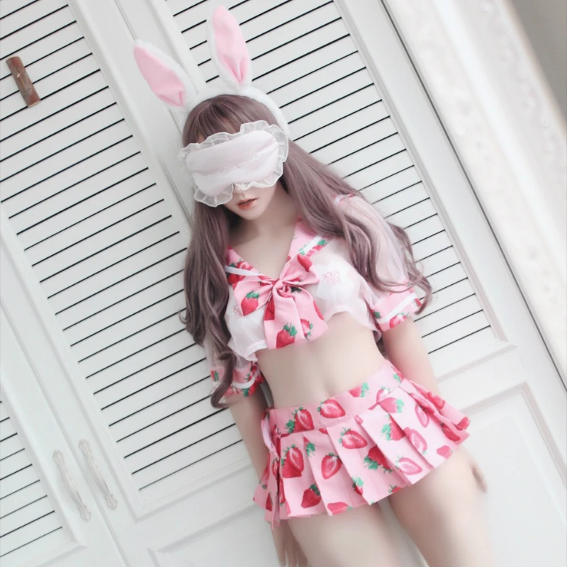 

Anime Cute Sailor Dress Lolita Women Sexy Lingerie Mini Dress Babydoll Set Lace Nightwear Strawberry Underwear