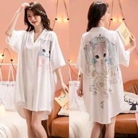 sleepshirts women summer silk satin pajamas dress loose short sleeve sleepwear print soft home clothes 2022 pijama nightwear