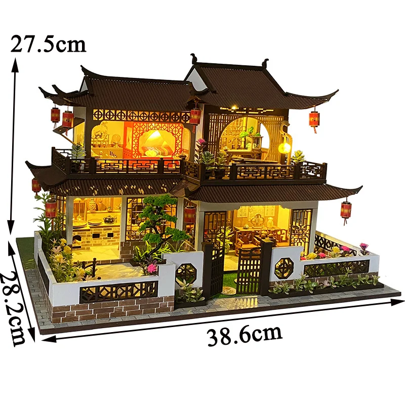 Wooden DIY Doll House Miniature Building Kits Chinese Villa Dollhouse With Furniture Light Big Casa Toy For kids Birthday Gifts images - 6