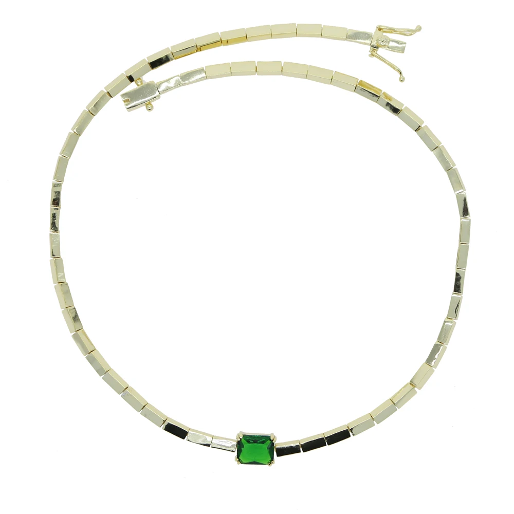 

2022 New Hot Selling Fashion Geometric Women Choker Collar Necklace 16inches Gold Color Green CZ Rectangle Link Chains