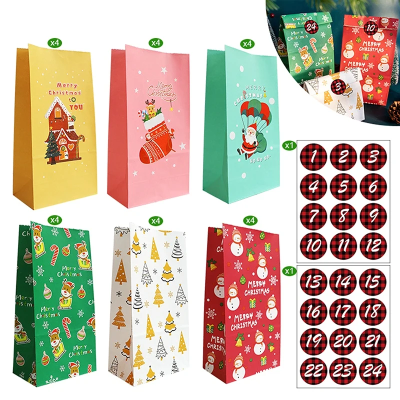 

24 набора рождественских бумажных сумок в виде Санта-Клауса, снеговика, лисы, праздничная сумка для рождественской вечеринки, конфет, печень...