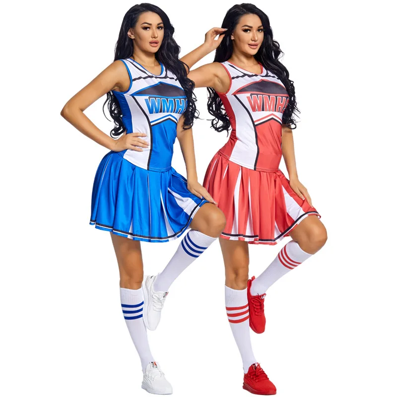 

Adult Cheerleader Costume Tank Top Pleated Skirt Cheerleading Uniform for Women Complete Outfit Clothes with Pom Poms Stockings