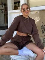 brown suit shorts long sleeve sweatshirt high waist shorts two piece set women outfits solid 2022 streetwear classic tracksuit