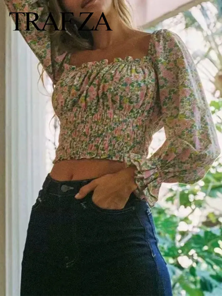 

Женский полупрозрачный Топ с длинным рукавом, эластичная рубашка с квадратным вырезом и цветочным принтом