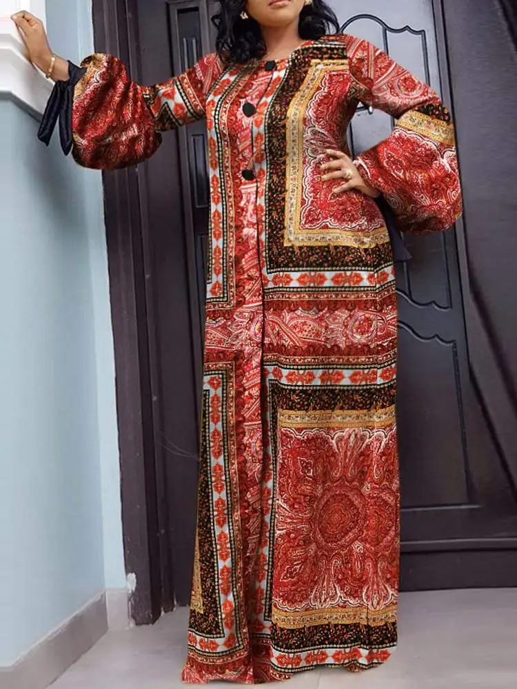 

Y2k Long Sleeve Maxi Dress 2022 VONDA Women Vintage Printed Sundress Casual Lantern Sleeve Loose Party Vestidos Beach Robe