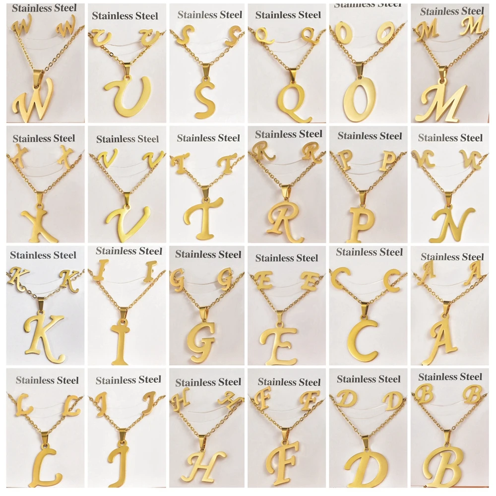 

Mix Bulk 26 Letters Stainless Steel Jewelry Sets Wholesale Gold Earrings Necklaces Set for Women Men Punk Girls Teens Rock Gifts