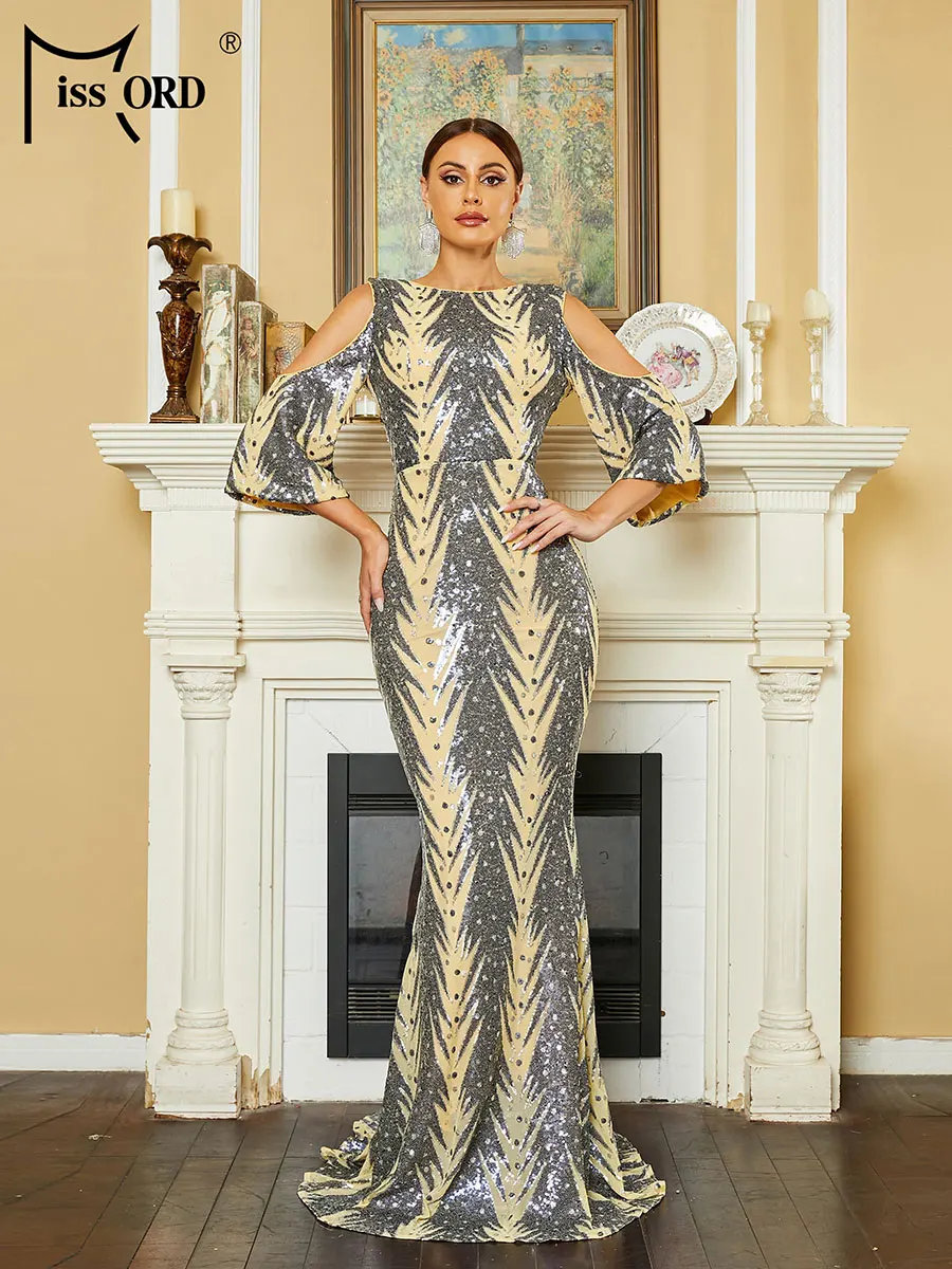 

Missord 2023 Women Mermaid Evening Dresses Eelgant O-neck Cutout Flare Sleeve Sequin Bodycon Maxi Party Prom Dress Formal Gown
