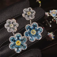foydjew new luxury designer jewelry 925 silver needle two flower earrings creative women yellowblue crystal drop earring