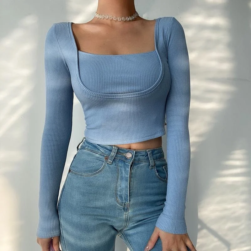 

Women's T-Shirt Women Square Neck Long Sleeved Crop Top In Chunky Rib S073