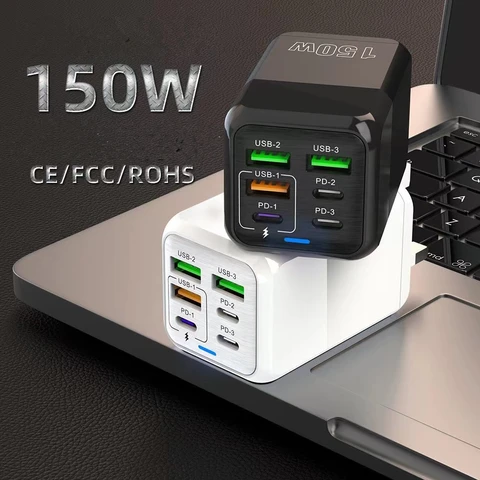 150 Вт, 6 портов Pd QC 4,0, USB C, быстрое зарядное устройство, настенный адаптер, сверхбыстрая зарядка для Iphone, Samsung, Ipad, Xiaomi, Huawei Oneplus Oppo