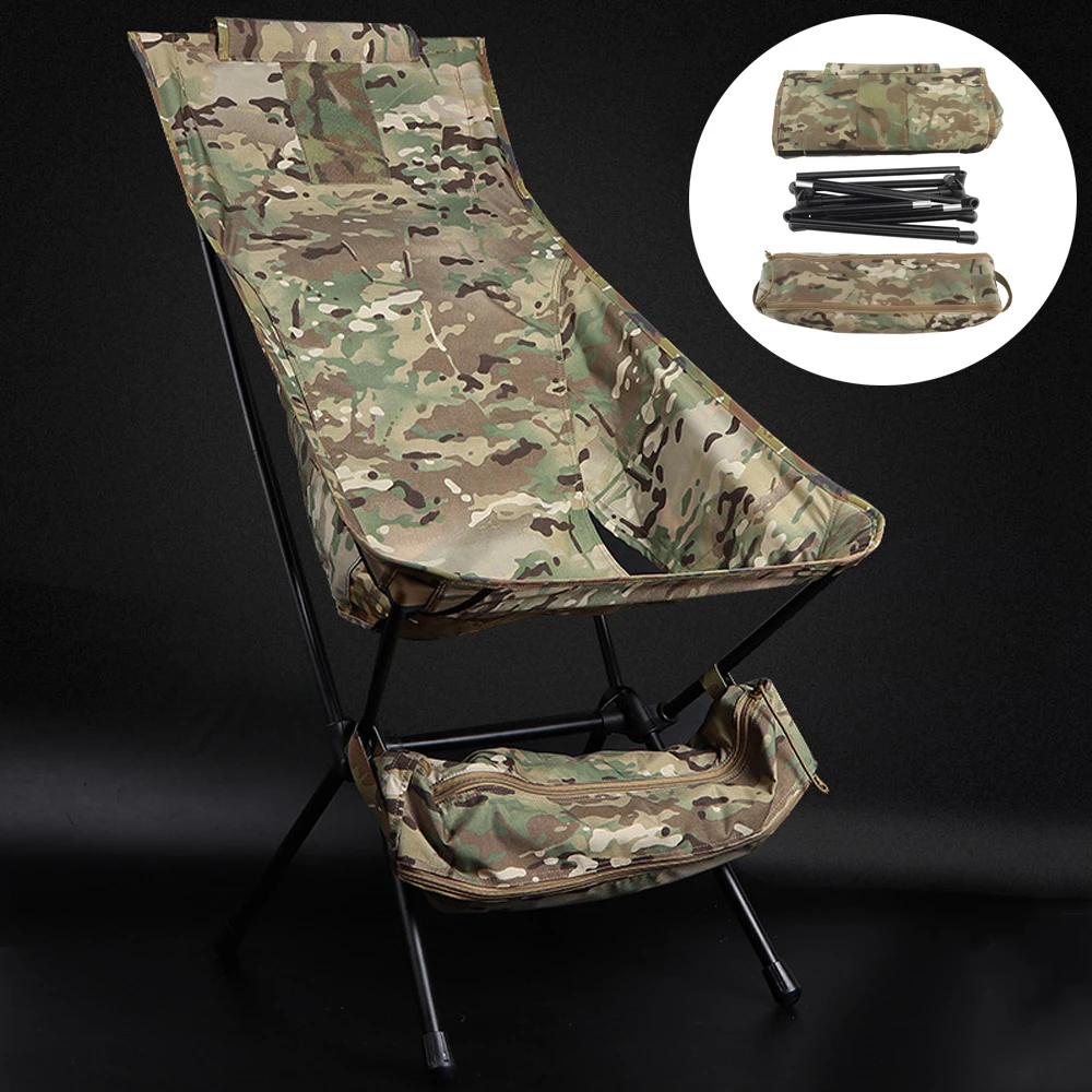 Tactical Portable Folding Fishing Chair Extended Backrest Outdoor Camping Beach Chair Side With Storage Pocket Moon Chair