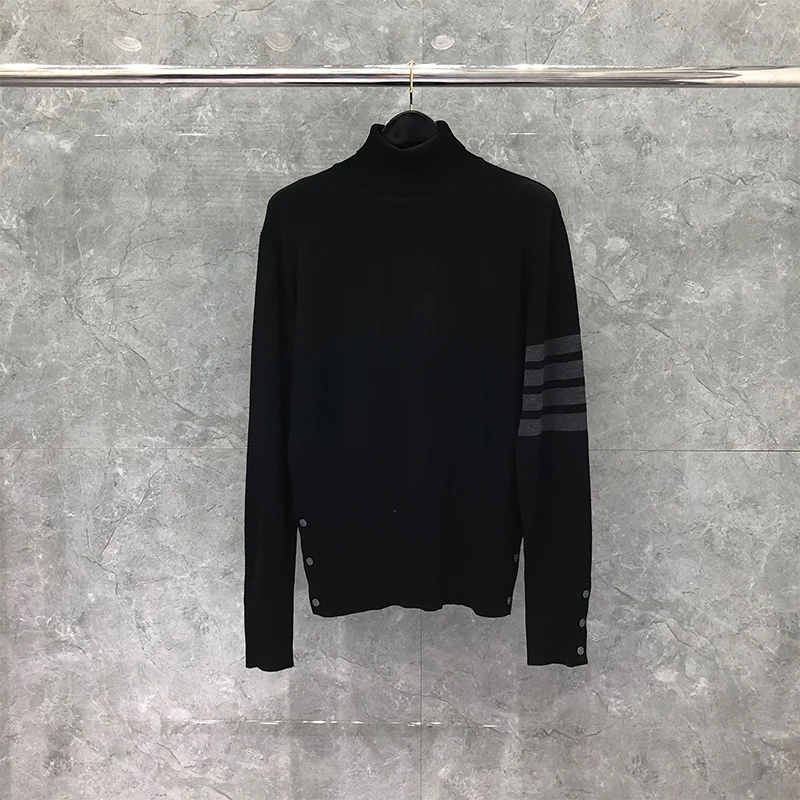

THOM TB Sweaters Male Autunm Winter Fashion Brand Men's Clothing Gray 4-Bar TurtleNeck Stripe Knit Black TB Sweaters