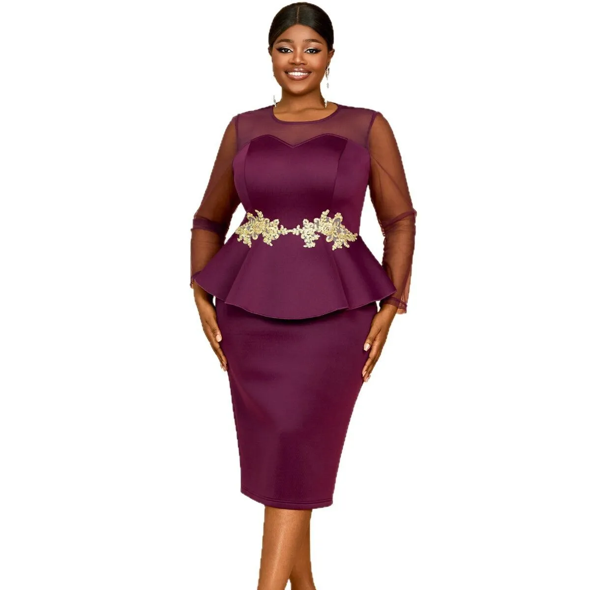 Am 050129 Прозрачное платье больших размеров с длинными рукавами и модными рюшами по