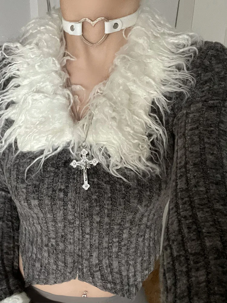 SUCHCUTE Y2K Sweet Faux Fur Collar And Cuffs Patchwork Sweater Cardigans Women Grunge Fall Winter Zip Up Gray Bodycon Sweaters