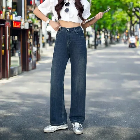 Женские прямые джинсы больших размеров 2025, новые летние повседневные тонкие и простые джинсовые брюки-сигареты, длинные брюки 100 кг 8651