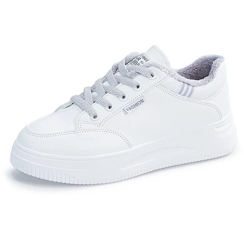 

New Lace-up White Shoes For Women 2022 Winter Wild PU Models Plus Cashmere Warm Casual Sneakers Board Shoes Fashion Cotton