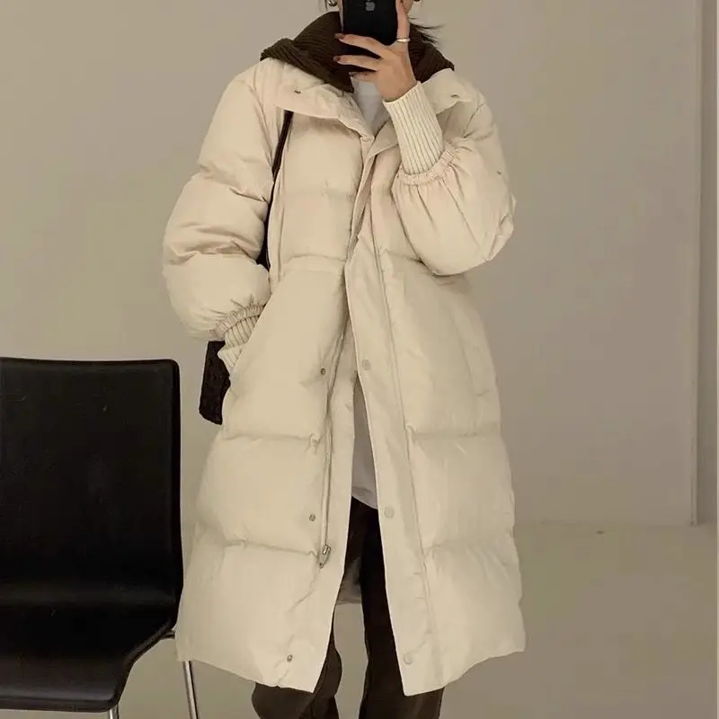 Fashionable Warm Winter Coats Women Loose Down Jacket Solid Color Medium Long Niche White Eiderdown Threaded Cuffs Overcoat