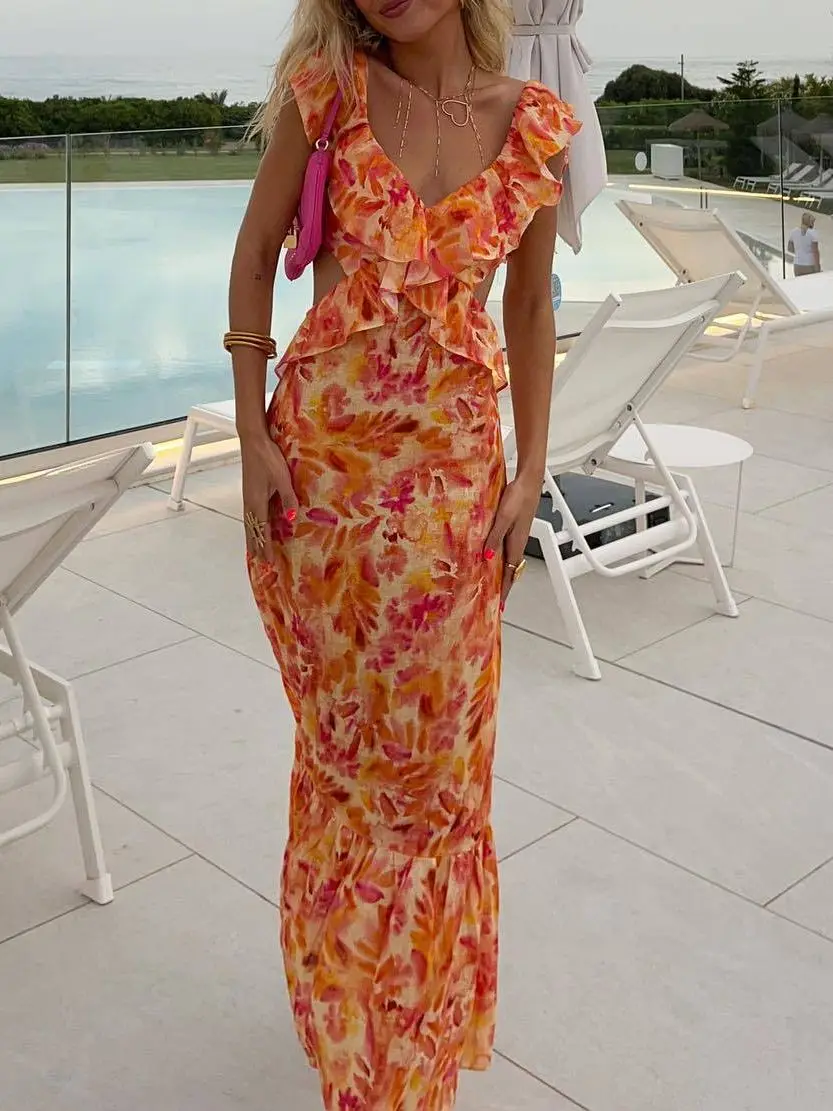 

Summer Women's Printed V-neck Backless Design Sense Layered Lace Waist Dress Sexy Holiday Style