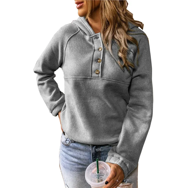 

Solid Color Button Half-Open Long-Sleeved Hooded Sweater 2022 New Sweater Women's Autumn and Winter New Jacket