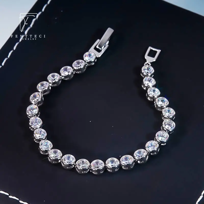 FENTTECI Newest Sterling Silver Tennis Bracelet 0.3ct Round Diamond Bracelet 4 Prongs Single Row Simulation Drill Roman Chain
