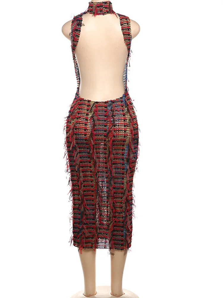 Beyprern женское разноцветное трикотажное платье миди с кисточками и открытой