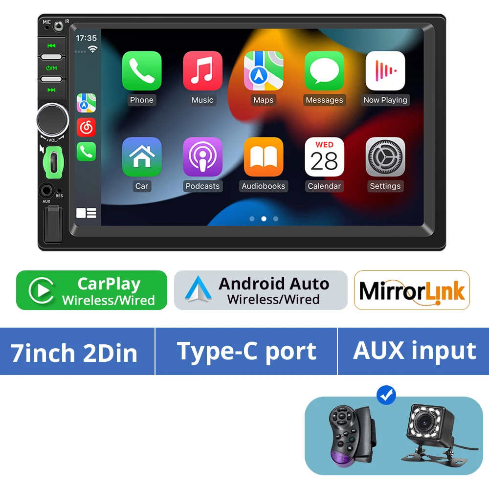 

2DIN автомагнитола 7'' с CarPlay, Bluetooth, беспроводным Android Auto, MP5-плеером, зарядкой Type-C, FM, AUX, стерео, универсальная, с функцией MirrorLink