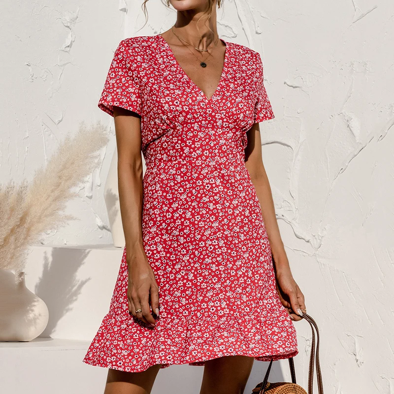 

2022 Summer Beach Dress For Women V-neck Print Floral Dots Stitching Ruffles Mini Dress Short-sleeved Sexy Summer Fashion Dress