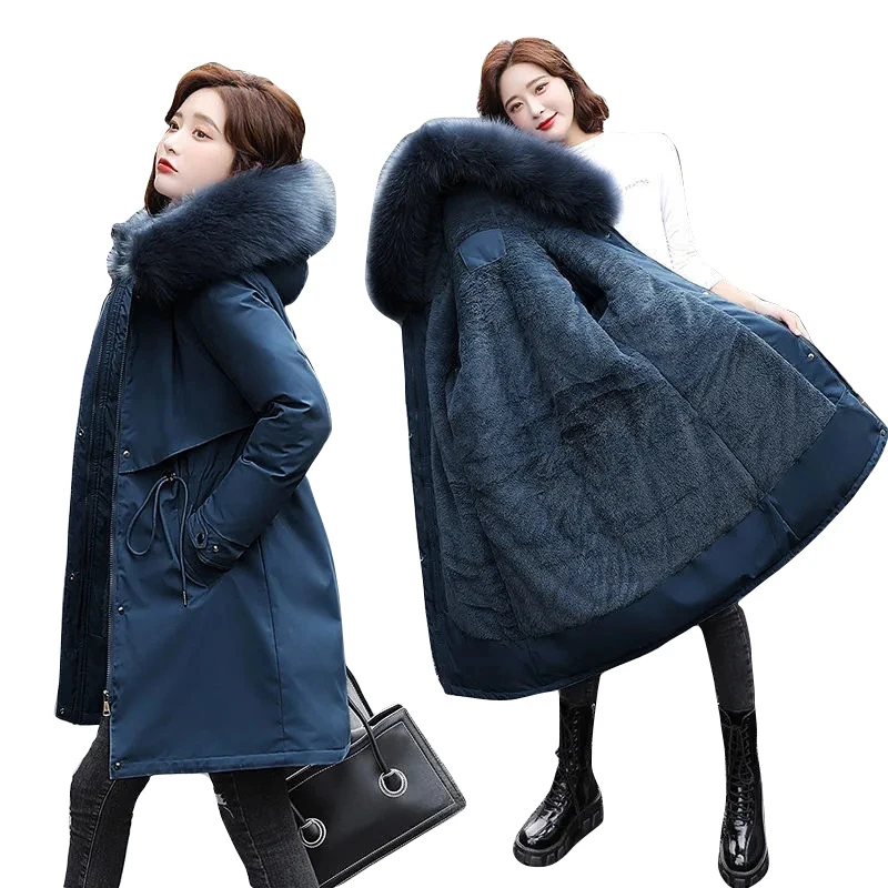 

Зимняя теплая Женская куртка с меховой подкладкой, новинка 2023, модное пальто, Женское зимнее пальто с поясом, Женская парка, теплая зимняя куртка с капюшоном для женщин