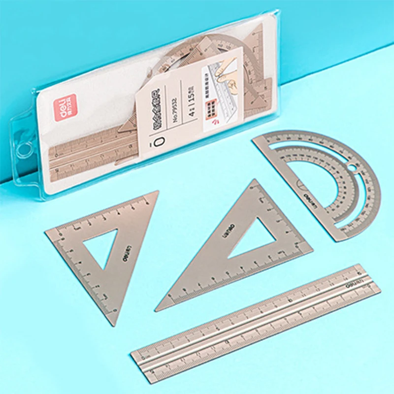 

4Pcs Metal Ruler Stationery Set Aluminum Alloy Multifunctional Combination Ruler Drawing Measurement Geometry Triangle Protracto