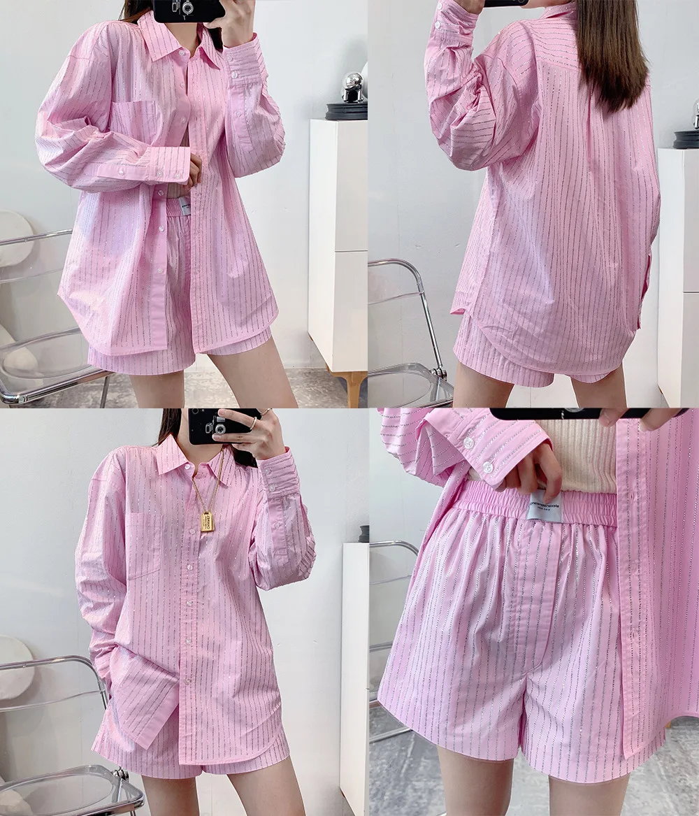 

Полосатая рубашка Стразы с бисером и шорты для женщин, новинка весны 2022, однобортная блузка с длинными рукавами, модный костюм