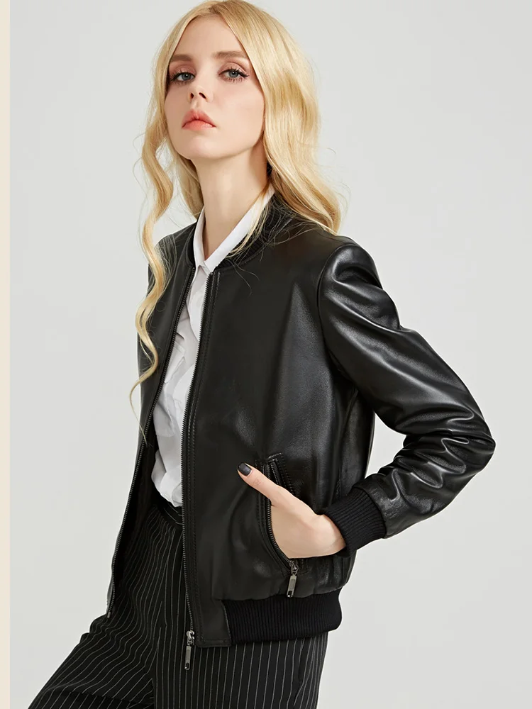 New Women Genuine Leather Jacket Spring Autumn Fashion Casual Stand Collar Short Sheepskin Moto Coat Slim Black Outerwear Female