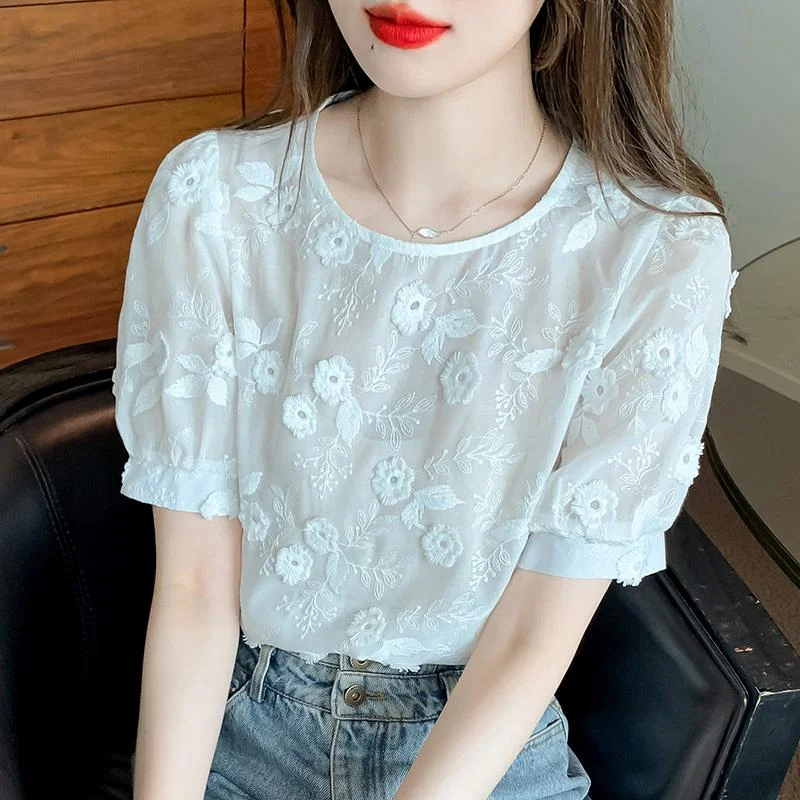 

Sweet Floral Embroidery Chiffon Shirts Women Tops 2023 Summer New White Puff Sleeve Blouses O Neck Casual Elegant Clothing 27012