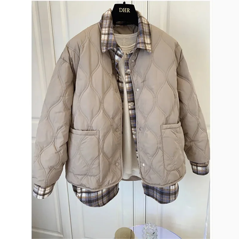 Thick Down Cotton Coat Autumn And Winter New Hong Kong Style Loose Student Stitching Retro Plaid Shirt Fake Two-Piece Coat Women