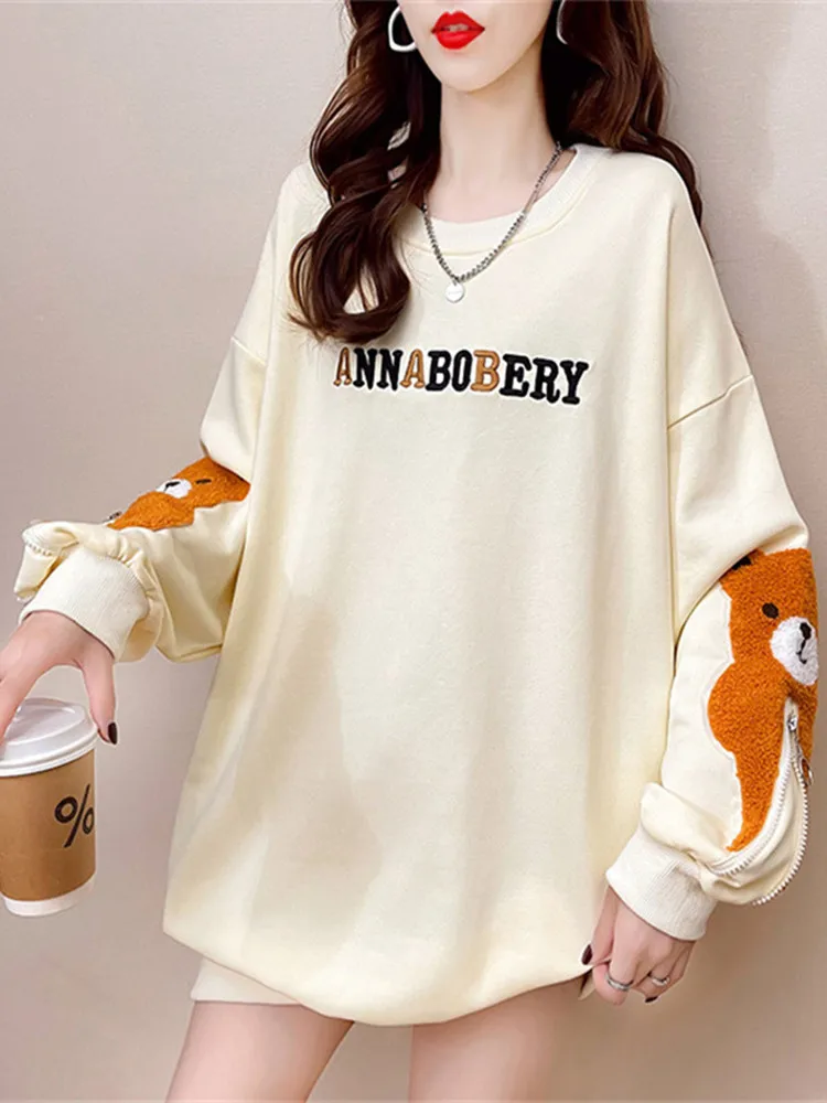 

H.sa Sweater Pullovers 2022 New Women Loose Letter Embroidery Cute Hoodie Autumn O-Neck Bear Long-sleeved Zipper Ins Female Tops